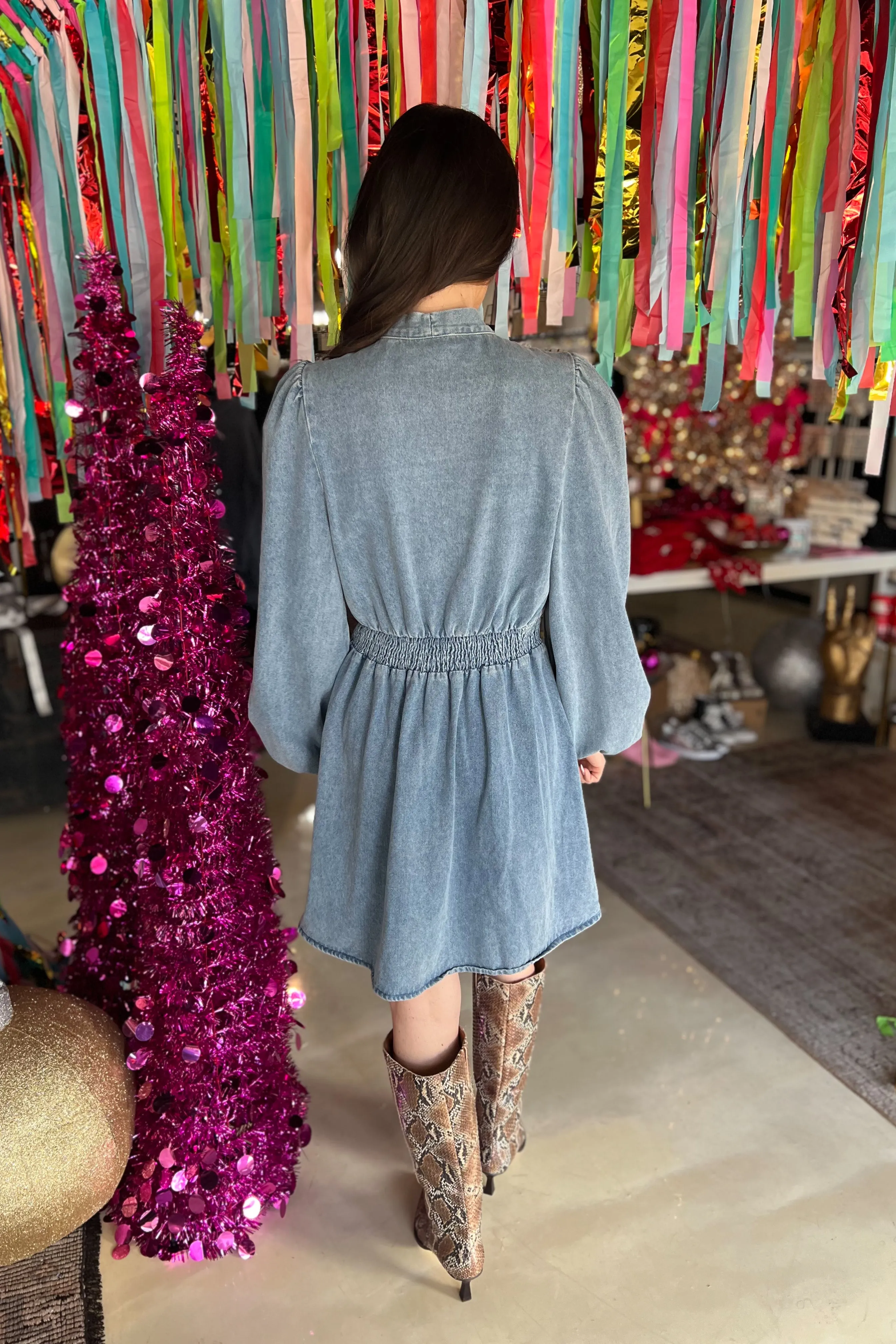 Under the Mistle-Bow Denim Dress