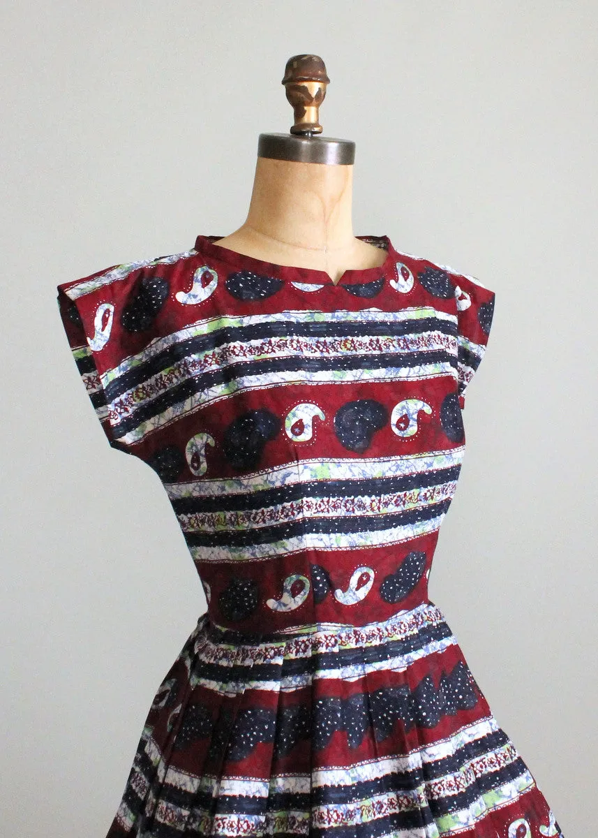 Vintage 1950s Paisley Batik Style Cotton Day Dress