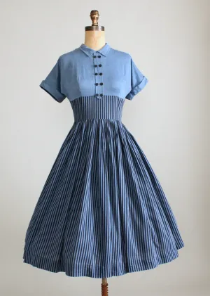 Vintage 1950s Striped Chambray Cotton Day Dress