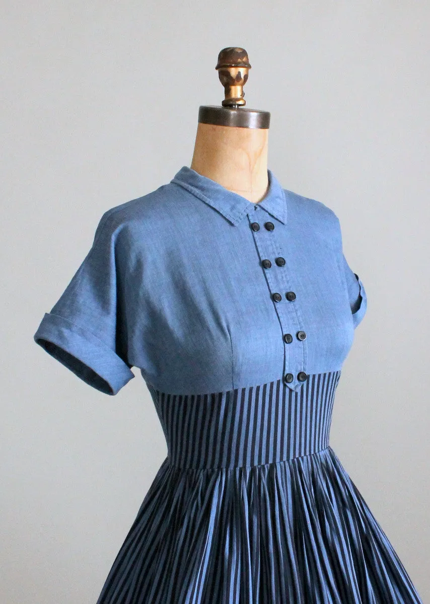 Vintage 1950s Striped Chambray Cotton Day Dress