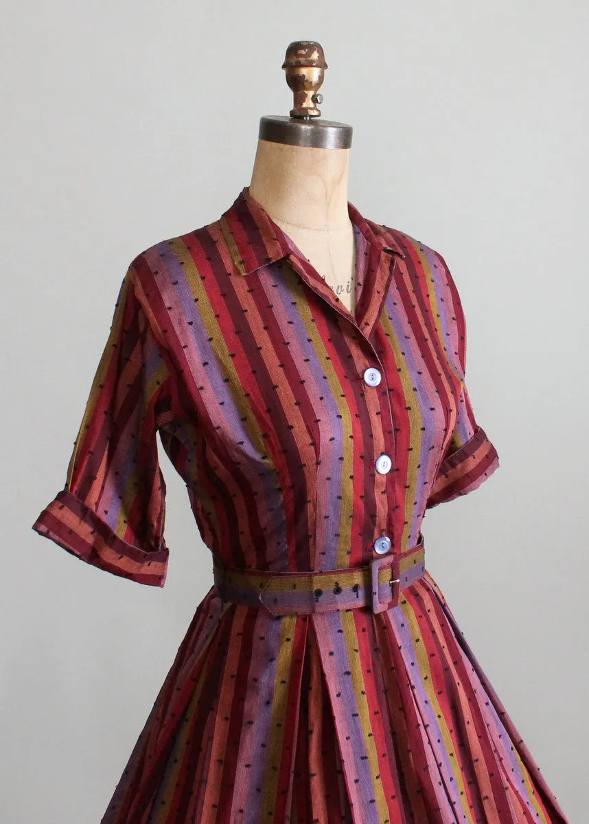 Vintage 1950s Striped Pom Pom Cotton Day Dress