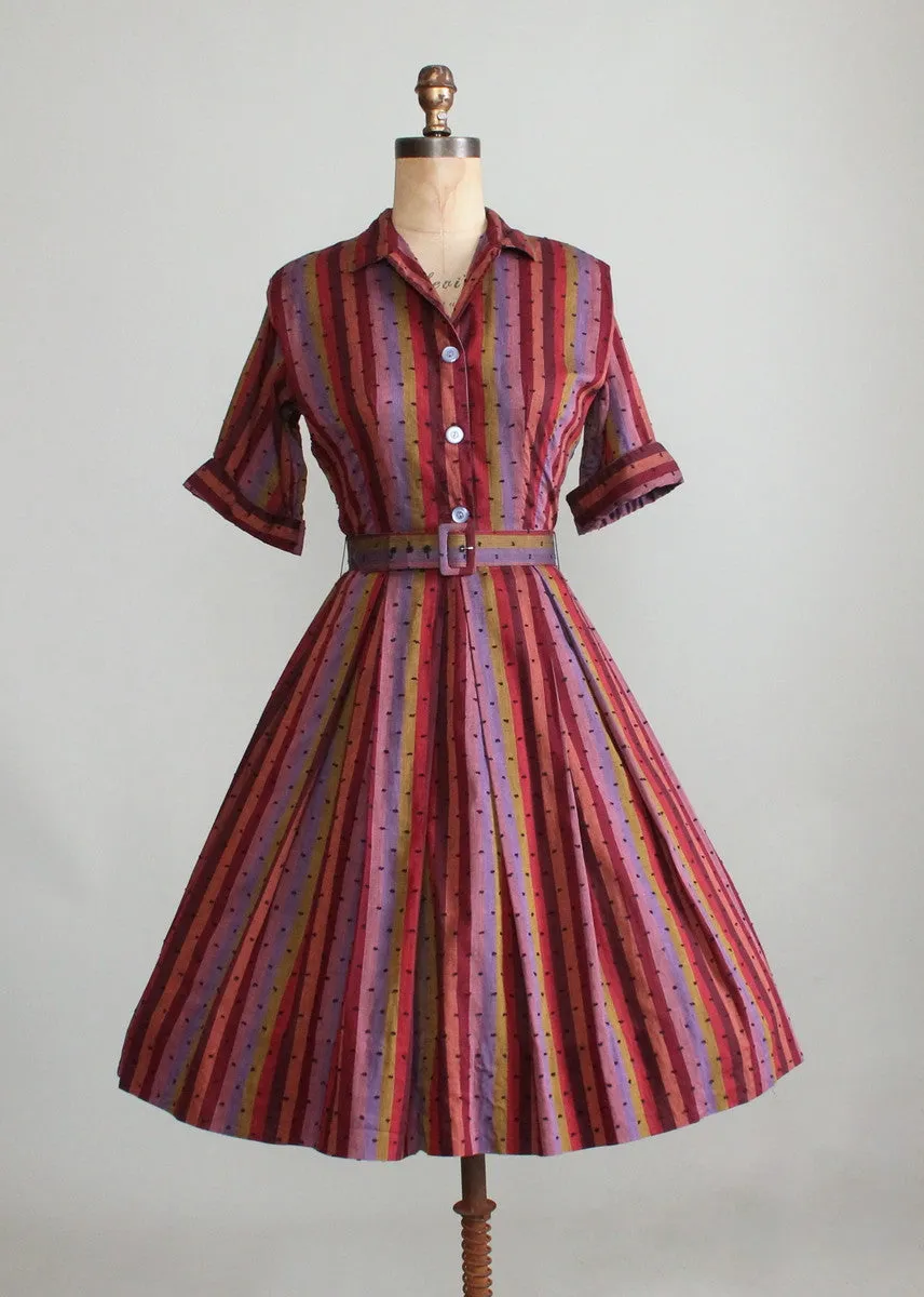 Vintage 1950s Striped Pom Pom Cotton Day Dress