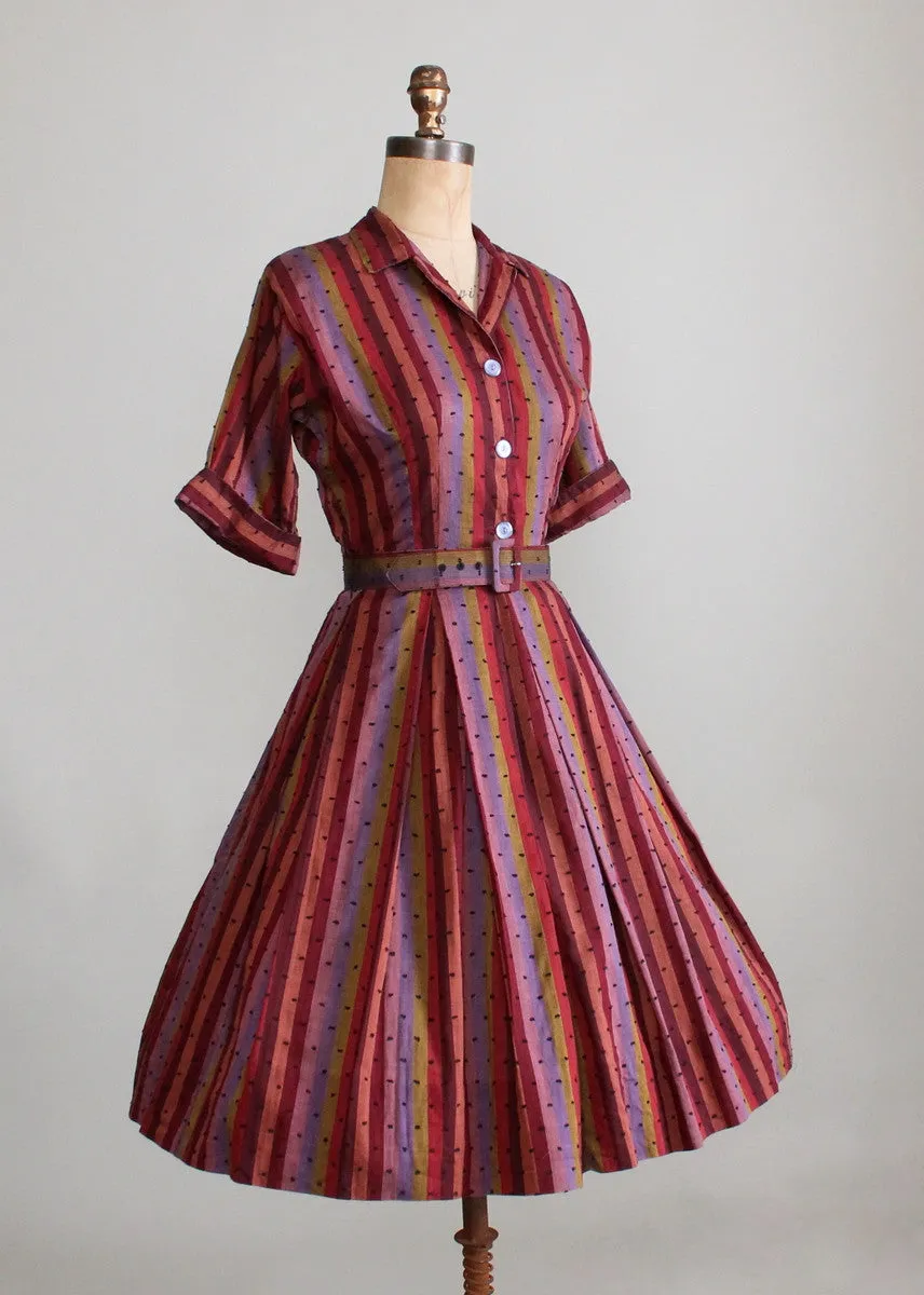 Vintage 1950s Striped Pom Pom Cotton Day Dress