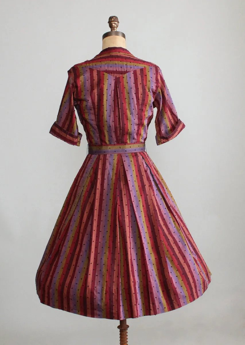 Vintage 1950s Striped Pom Pom Cotton Day Dress