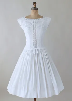 Vintage 1950s White Cotton and Lace Day Dress