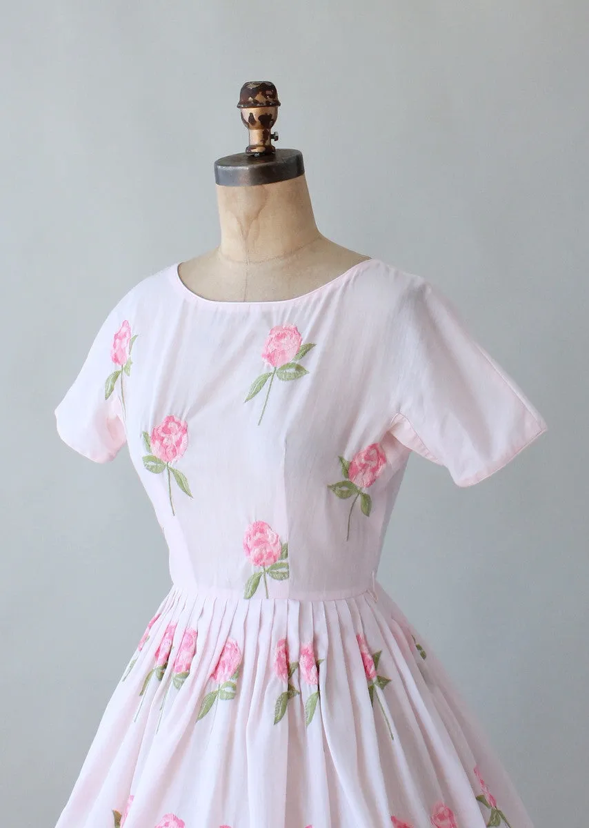 Vintage 1960s Embroidered Roses Pink Cotton Dress