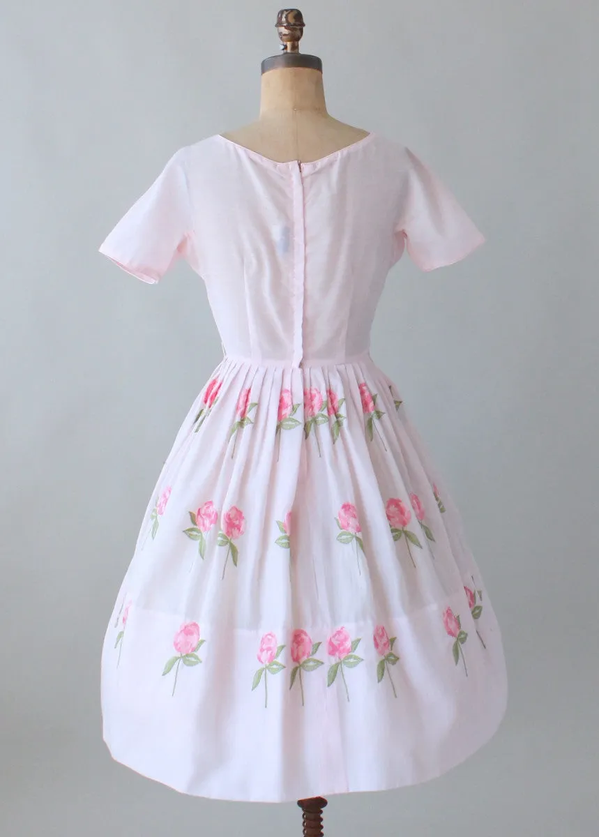 Vintage 1960s Embroidered Roses Pink Cotton Dress