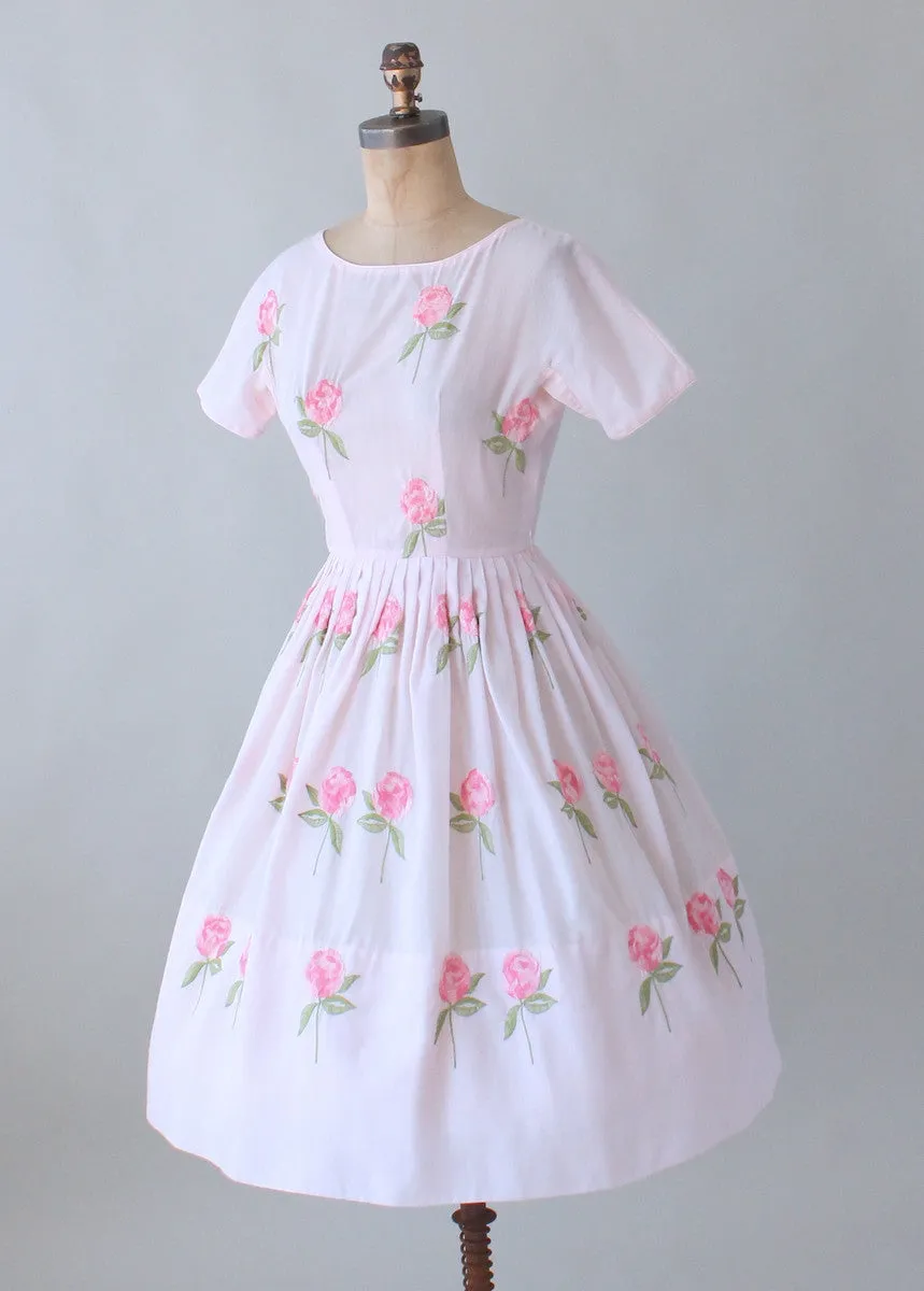 Vintage 1960s Embroidered Roses Pink Cotton Dress