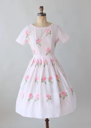 Vintage 1960s Embroidered Roses Pink Cotton Dress