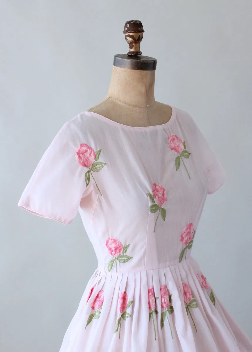 Vintage 1960s Embroidered Roses Pink Cotton Dress