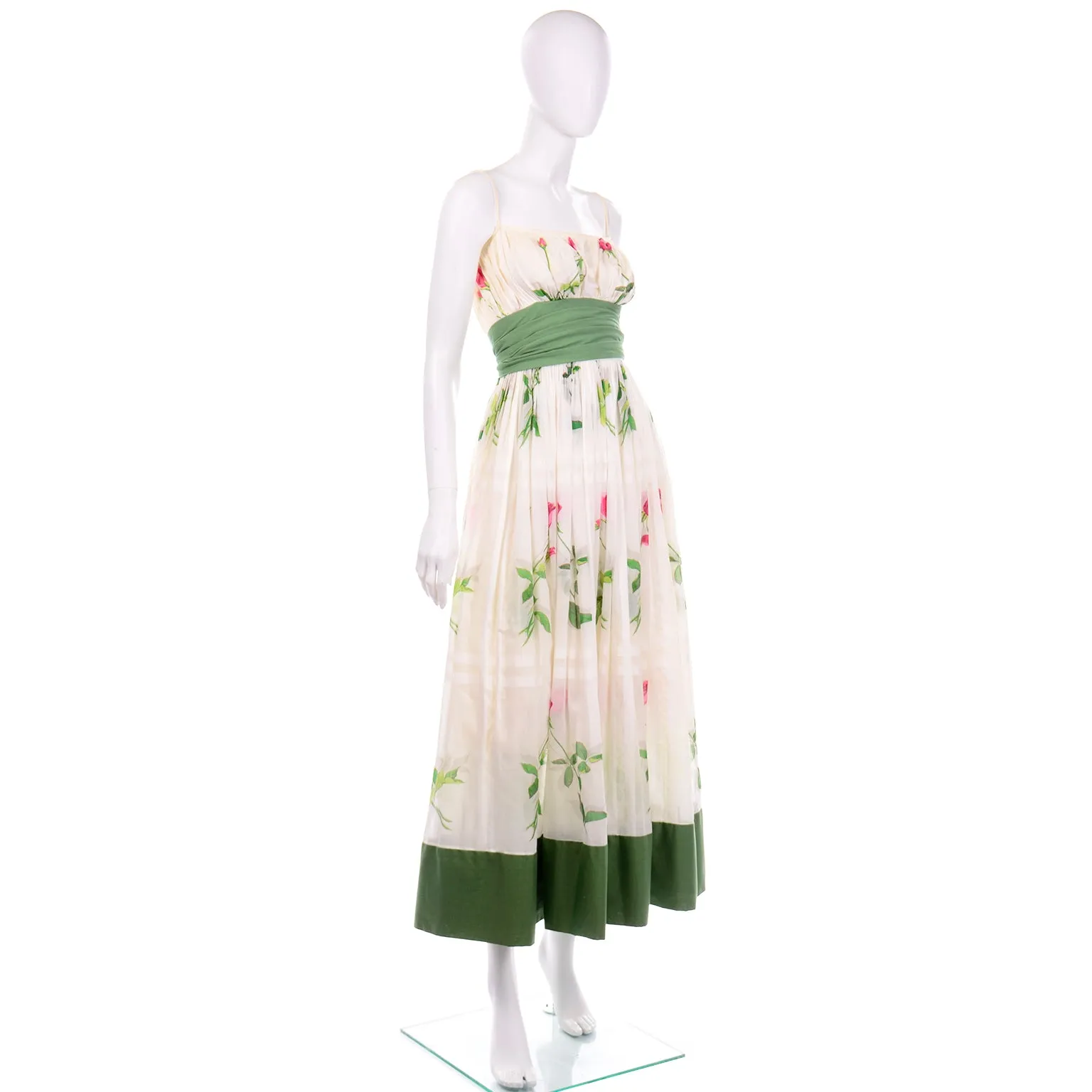 Vintage Pat Premo Dress With Full Skirt Pink Roses and Green Sash