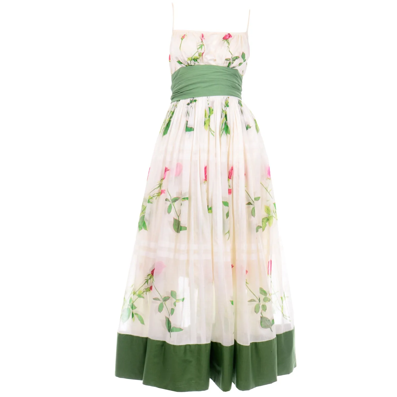 Vintage Pat Premo Dress With Full Skirt Pink Roses and Green Sash