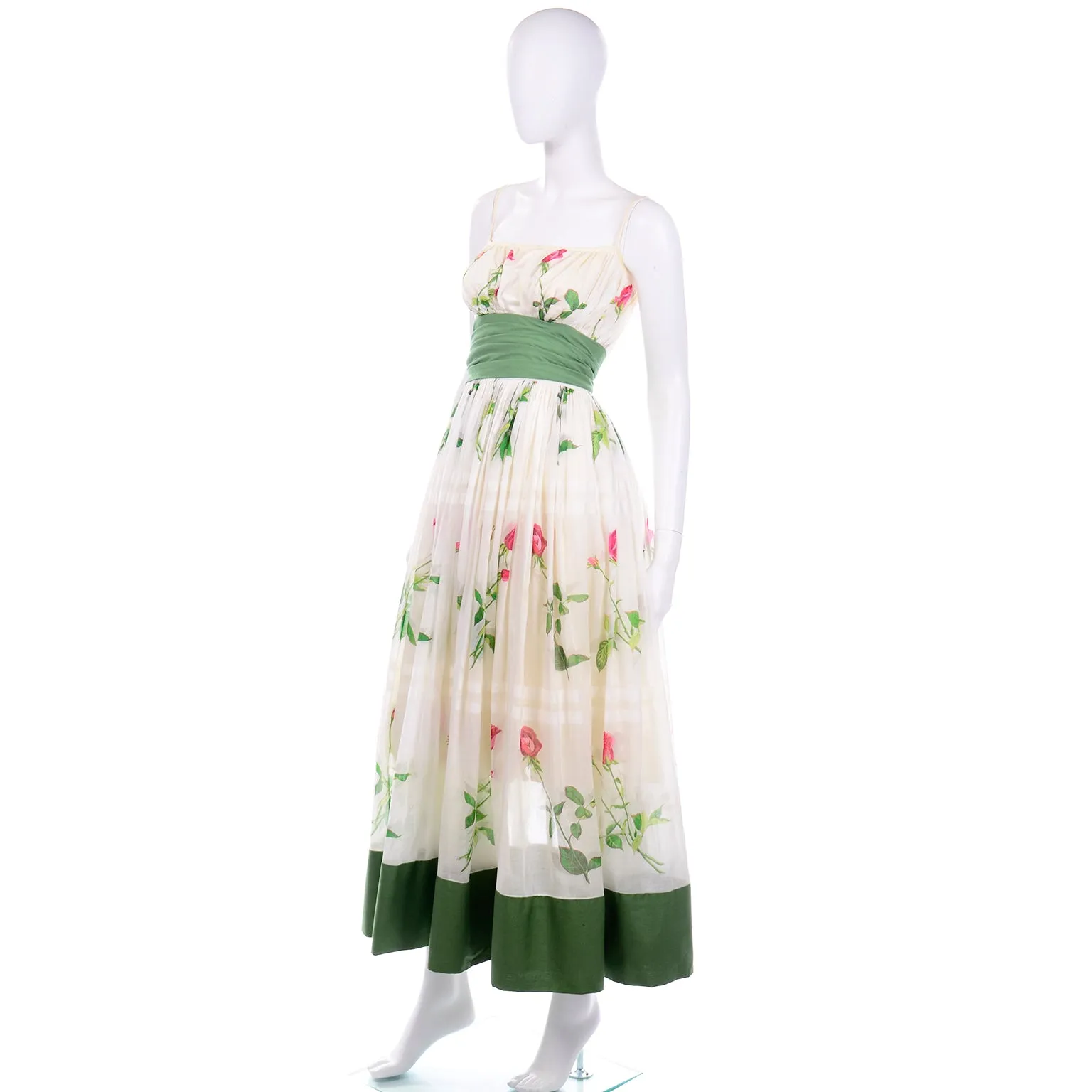 Vintage Pat Premo Dress With Full Skirt Pink Roses and Green Sash