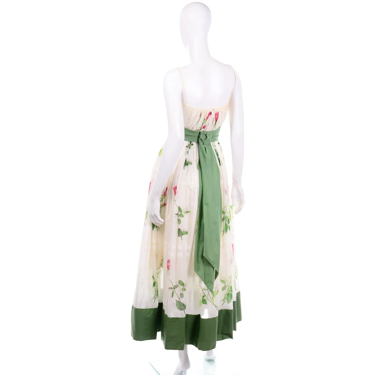 Vintage Pat Premo Dress With Full Skirt Pink Roses and Green Sash