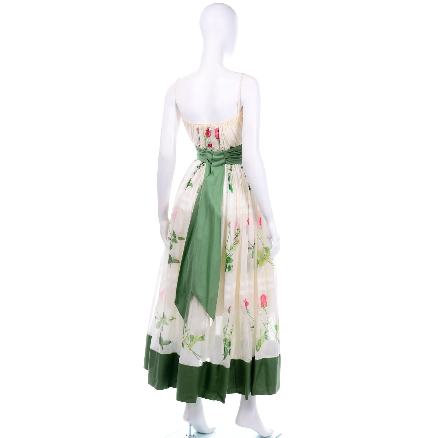 Vintage Pat Premo Dress With Full Skirt Pink Roses and Green Sash