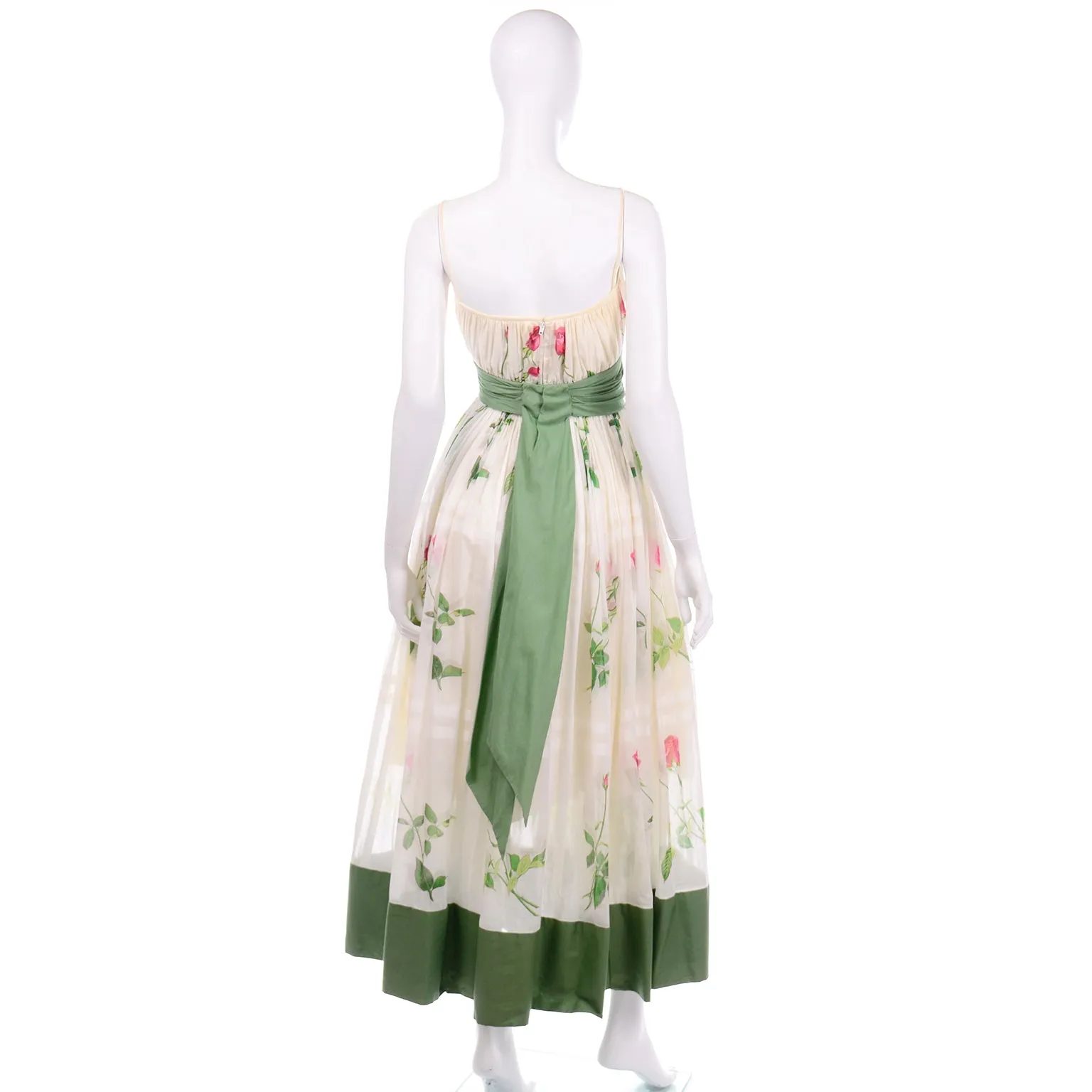 Vintage Pat Premo Dress With Full Skirt Pink Roses and Green Sash