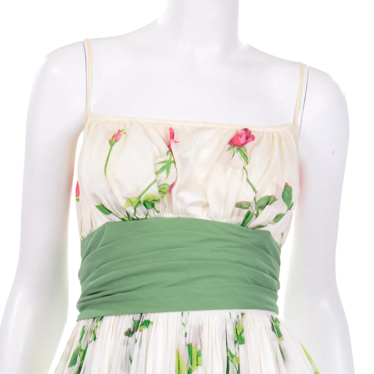 Vintage Pat Premo Dress With Full Skirt Pink Roses and Green Sash