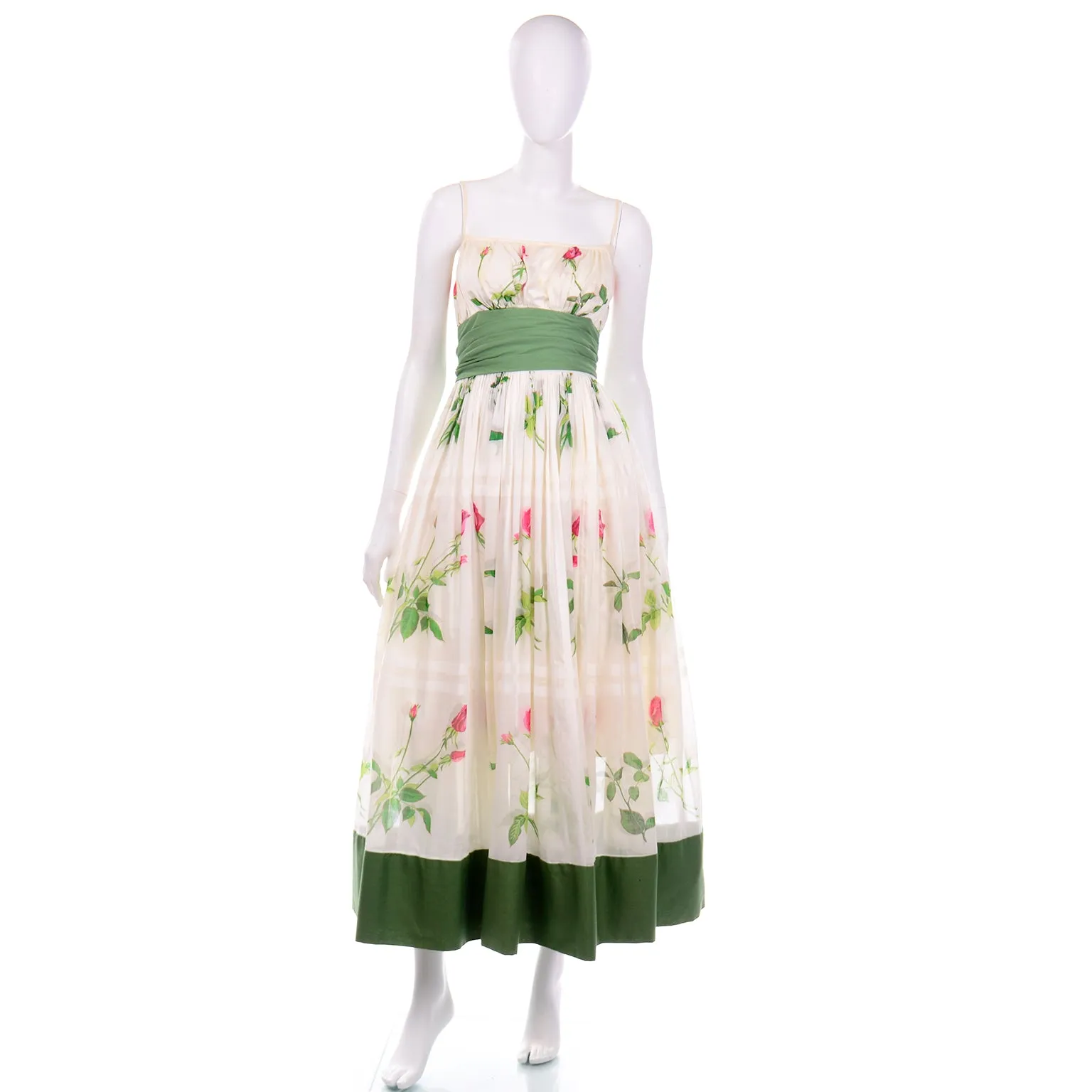 Vintage Pat Premo Dress With Full Skirt Pink Roses and Green Sash