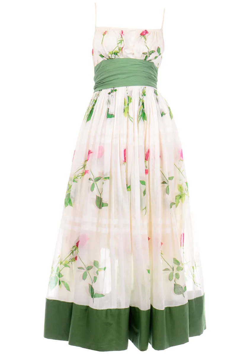 Vintage Pat Premo Dress With Full Skirt Pink Roses and Green Sash