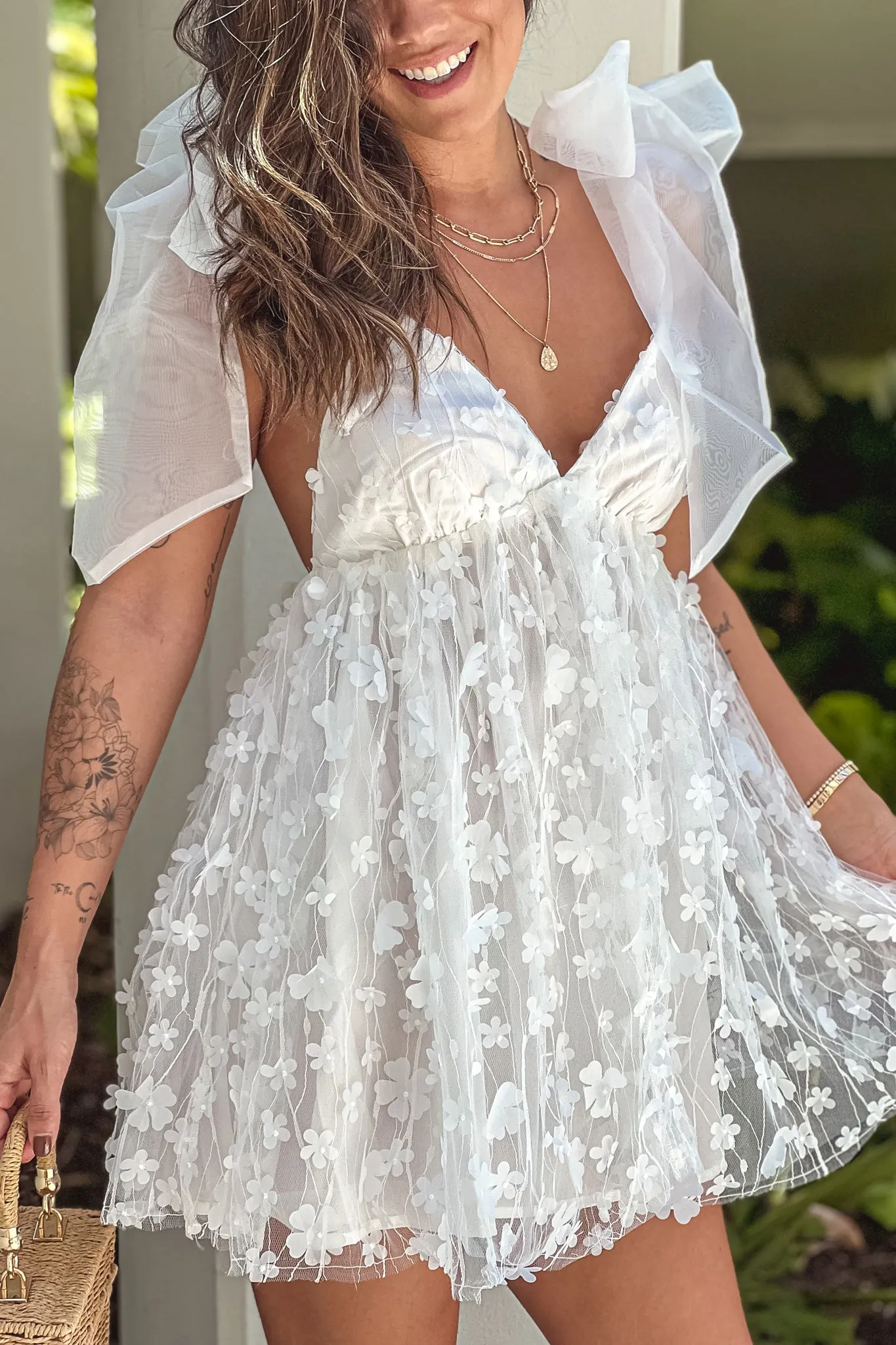 White Flower Petal Mini Dress