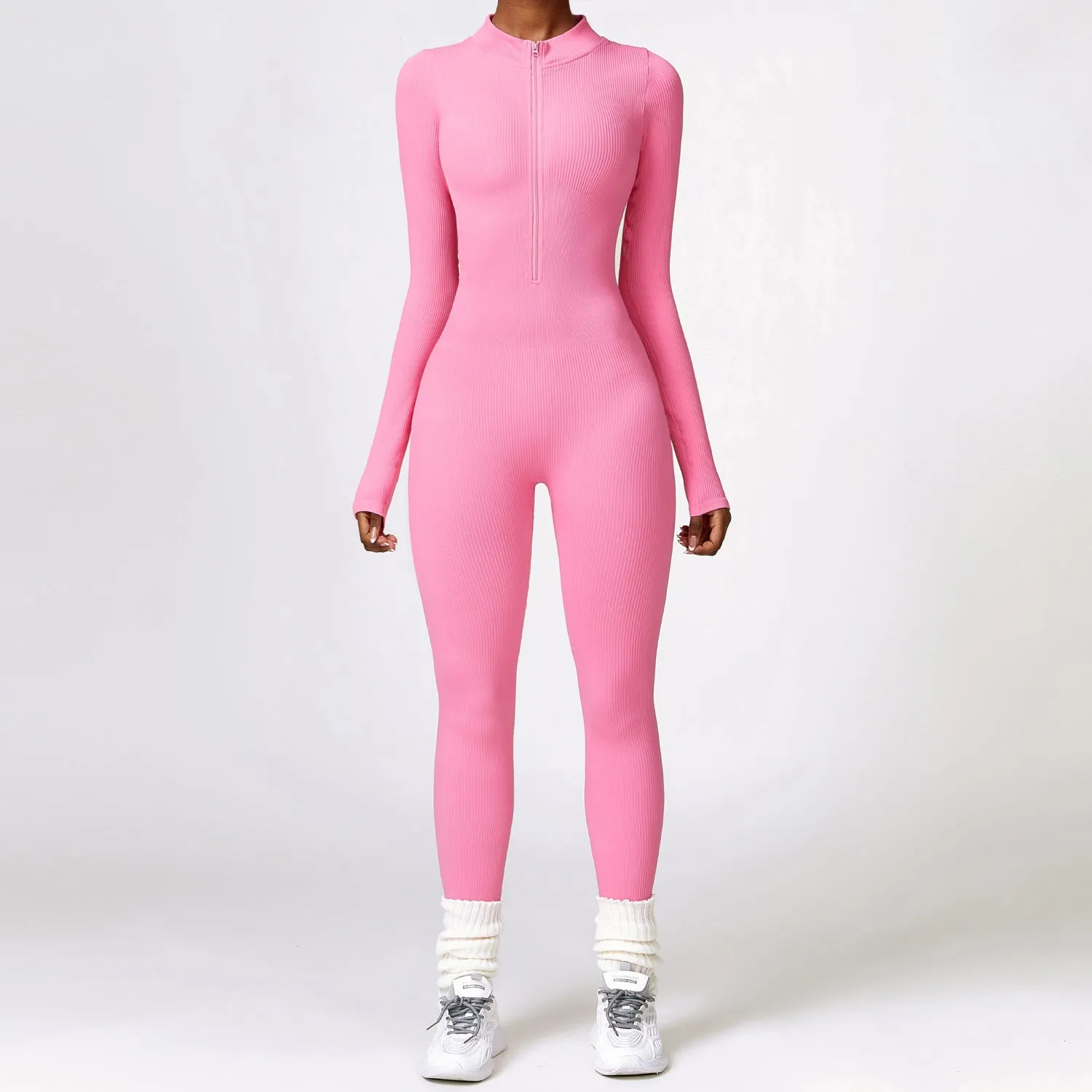 Winter Tight Long Sleeve Yoga Jumpsuit Zipper Belly Contracting High Strength Sports Workout Clothes Women