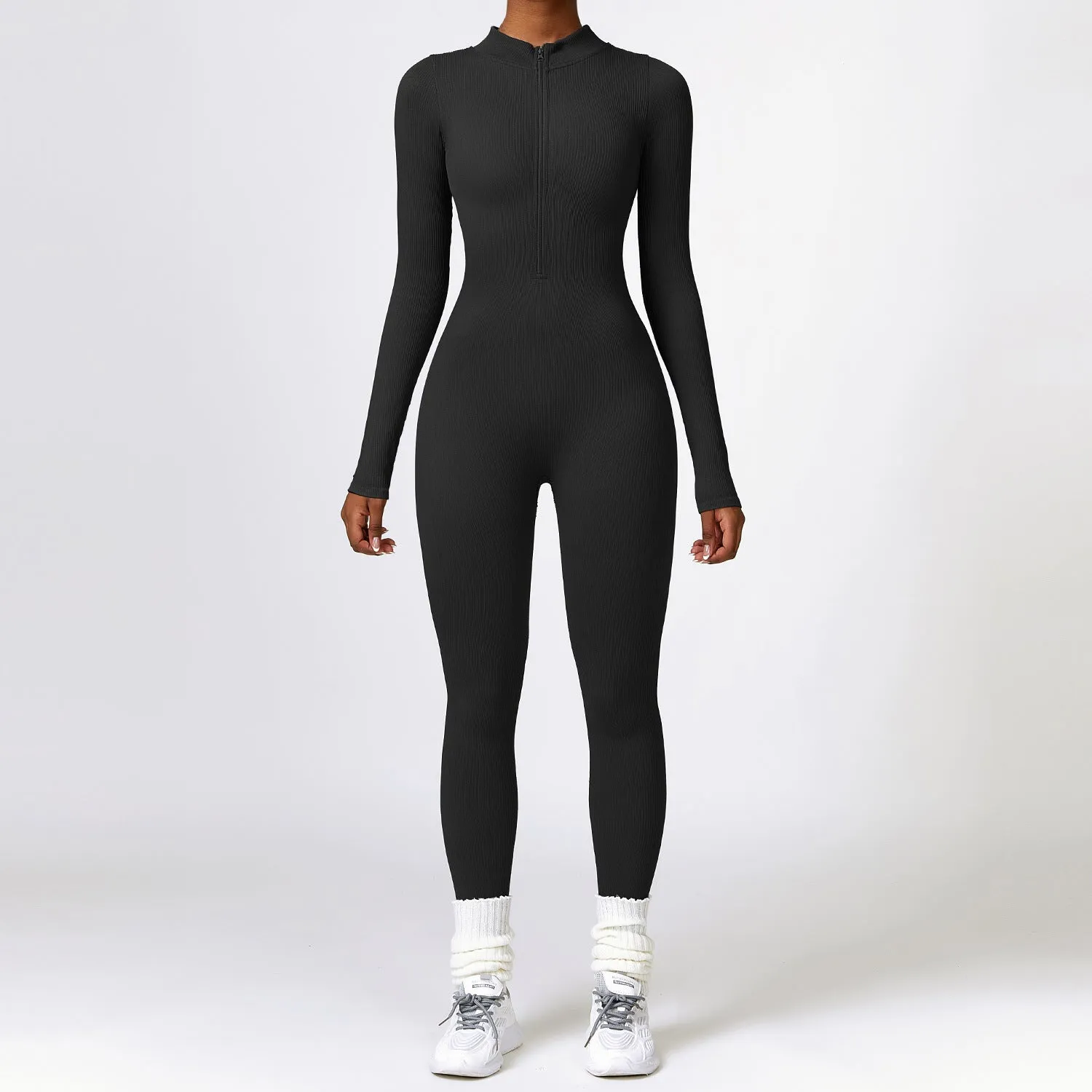 Winter Tight Long Sleeve Yoga Jumpsuit Zipper Belly Contracting High Strength Sports Workout Clothes Women