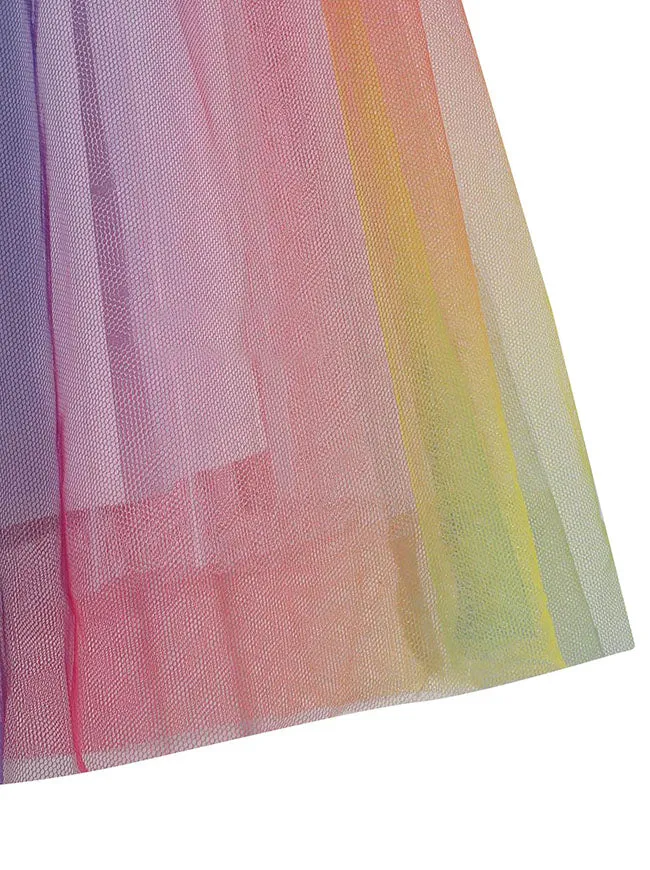 Women Mesh A-line Tulle Skirt Fairy Pleated Colorful Gradient Midi Skirt