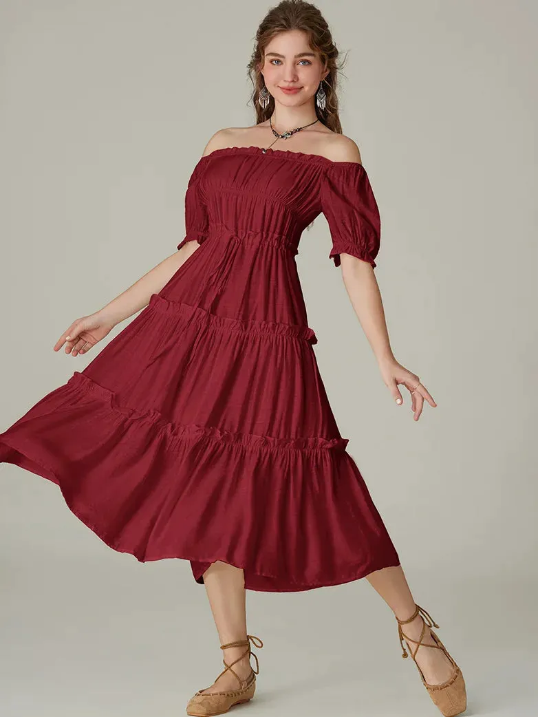 Women Square Neck Pleated Tiered Midi Dress