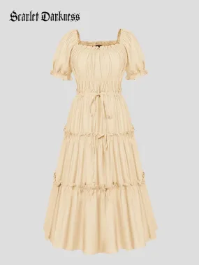 Women Square Neck Pleated Tiered Midi Dress