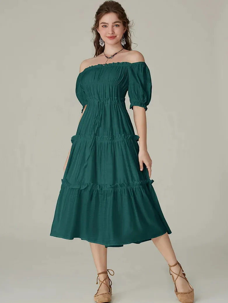 Women Square Neck Pleated Tiered Midi Dress