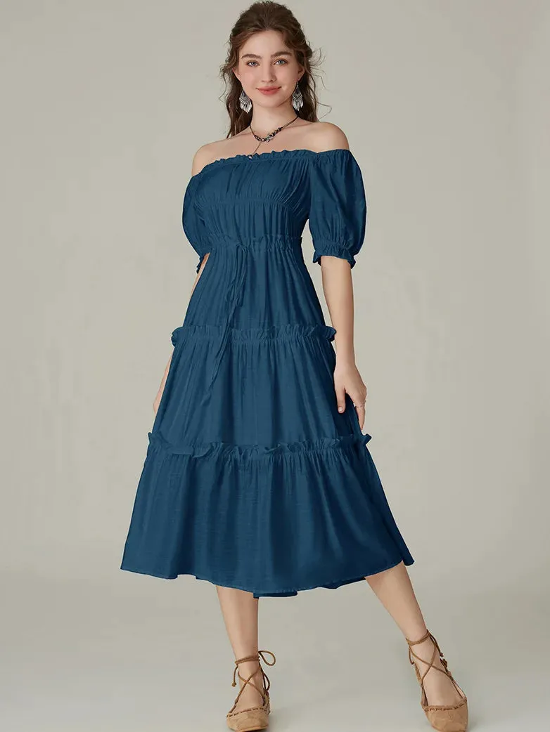 Women Square Neck Pleated Tiered Midi Dress