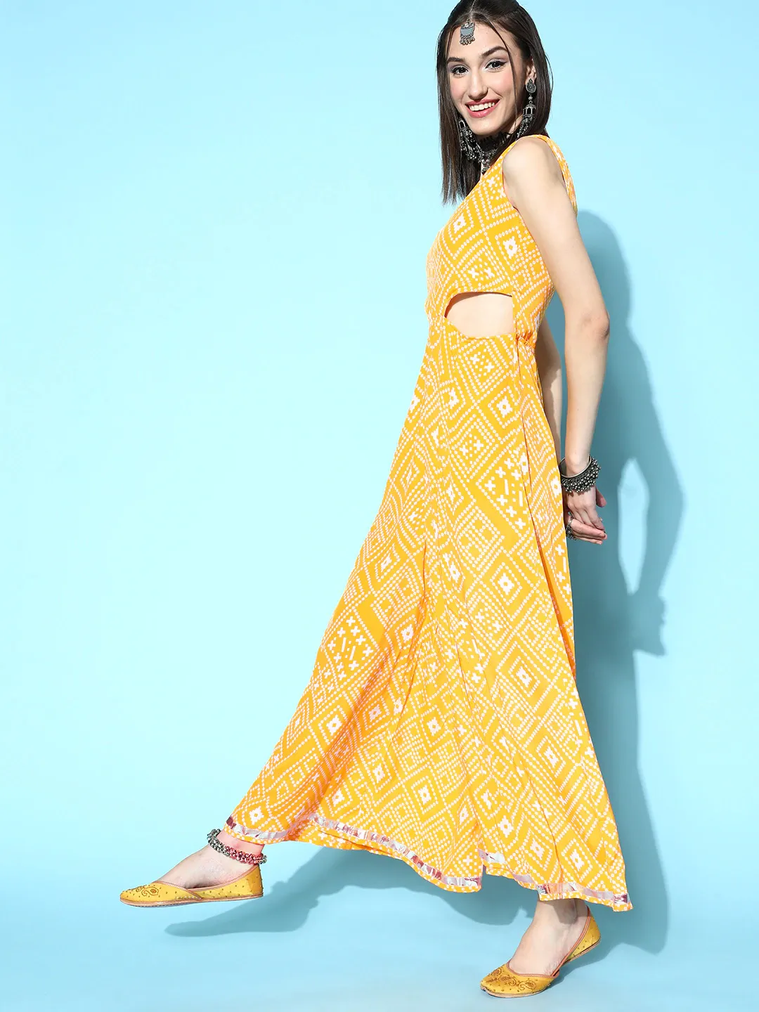 Women Yellow Tie & Dye Side Cut Out Jumpsuit