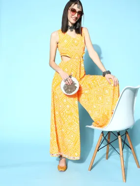 Women Yellow Tie & Dye Side Cut Out Jumpsuit