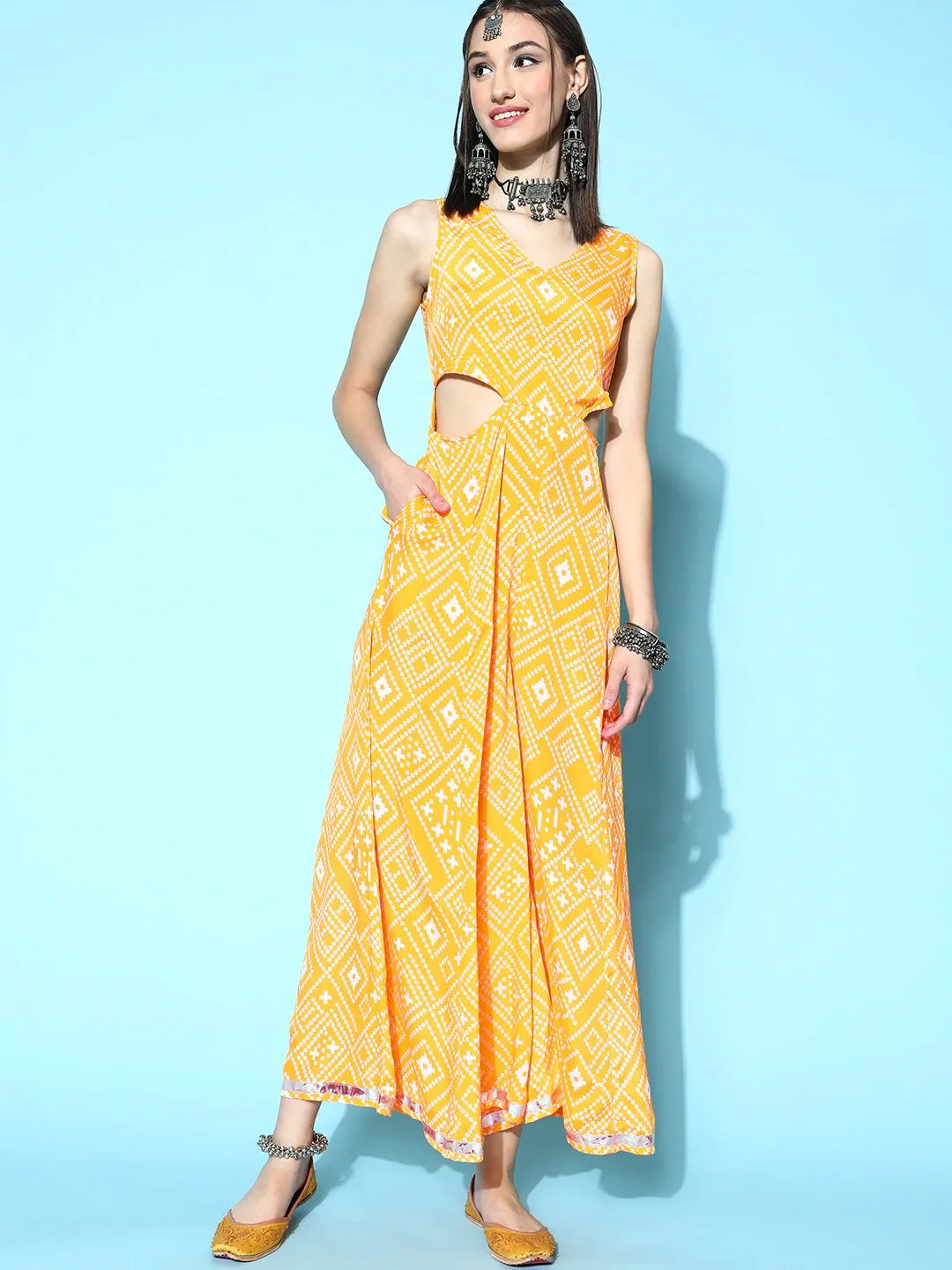 Women Yellow Tie & Dye Side Cut Out Jumpsuit