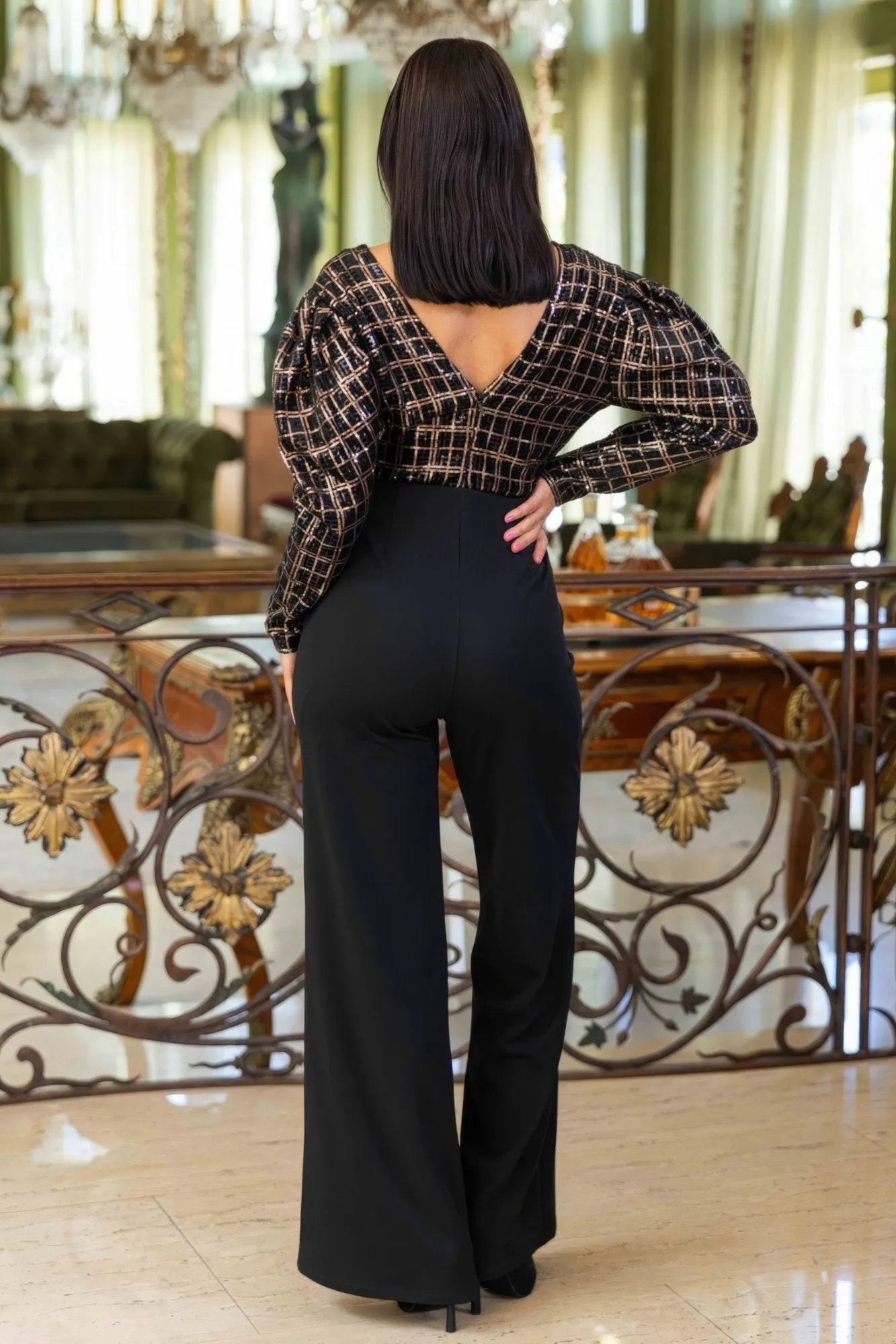 Women's Checker print sequin fashion jumpsuit