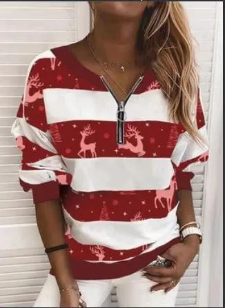 Women's fashion spring new stripe long sleeve zipper loose Christmas Sweater for women