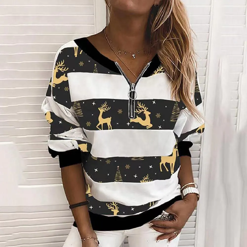 Women's fashion spring new stripe long sleeve zipper loose Christmas Sweater for women