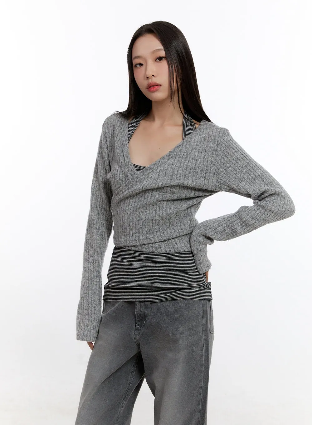 Wrapped Wool-Blend Knit Cardigan CN421