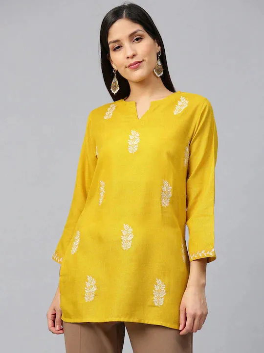 Yellow & Off-White Embroidered Tunic