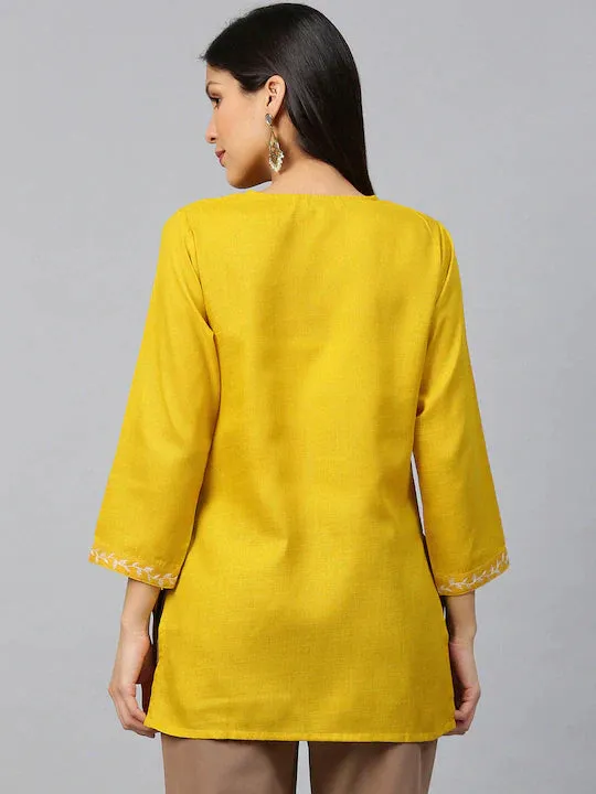 Yellow & Off-White Embroidered Tunic