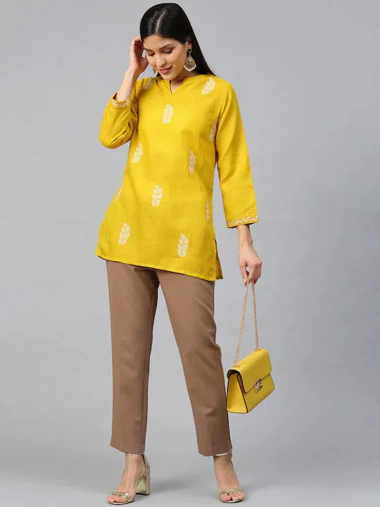 Yellow & Off-White Embroidered Tunic