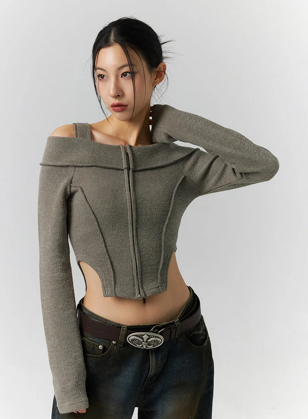 Zip Cut Out Off Shoulder Crop Sweater ID306