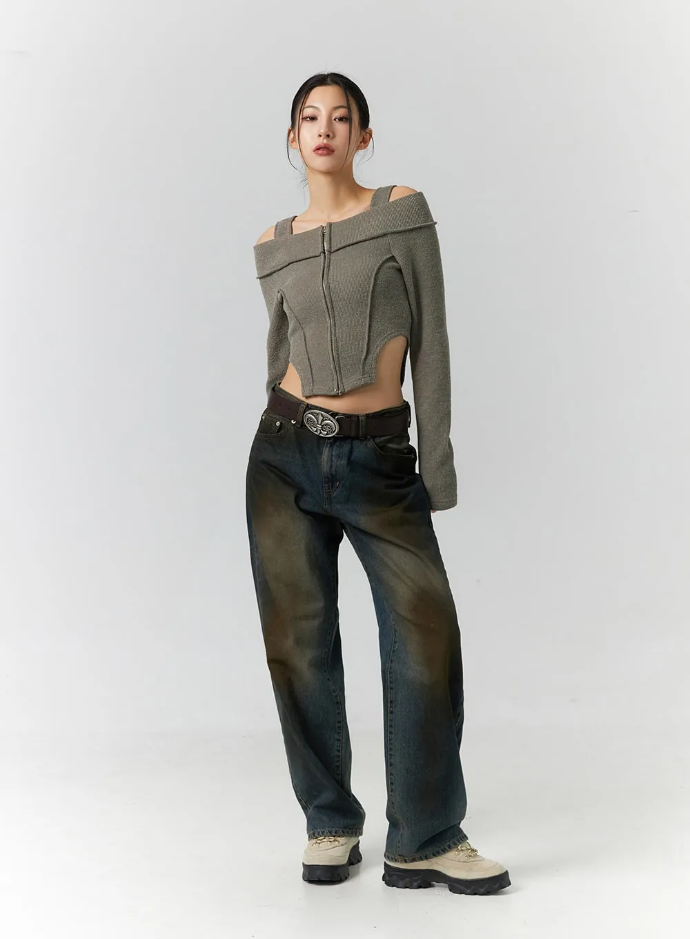 Zip Cut Out Off Shoulder Crop Sweater ID306