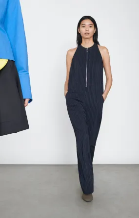 Zip Front Jumpsuit - Midnight Pinstripe